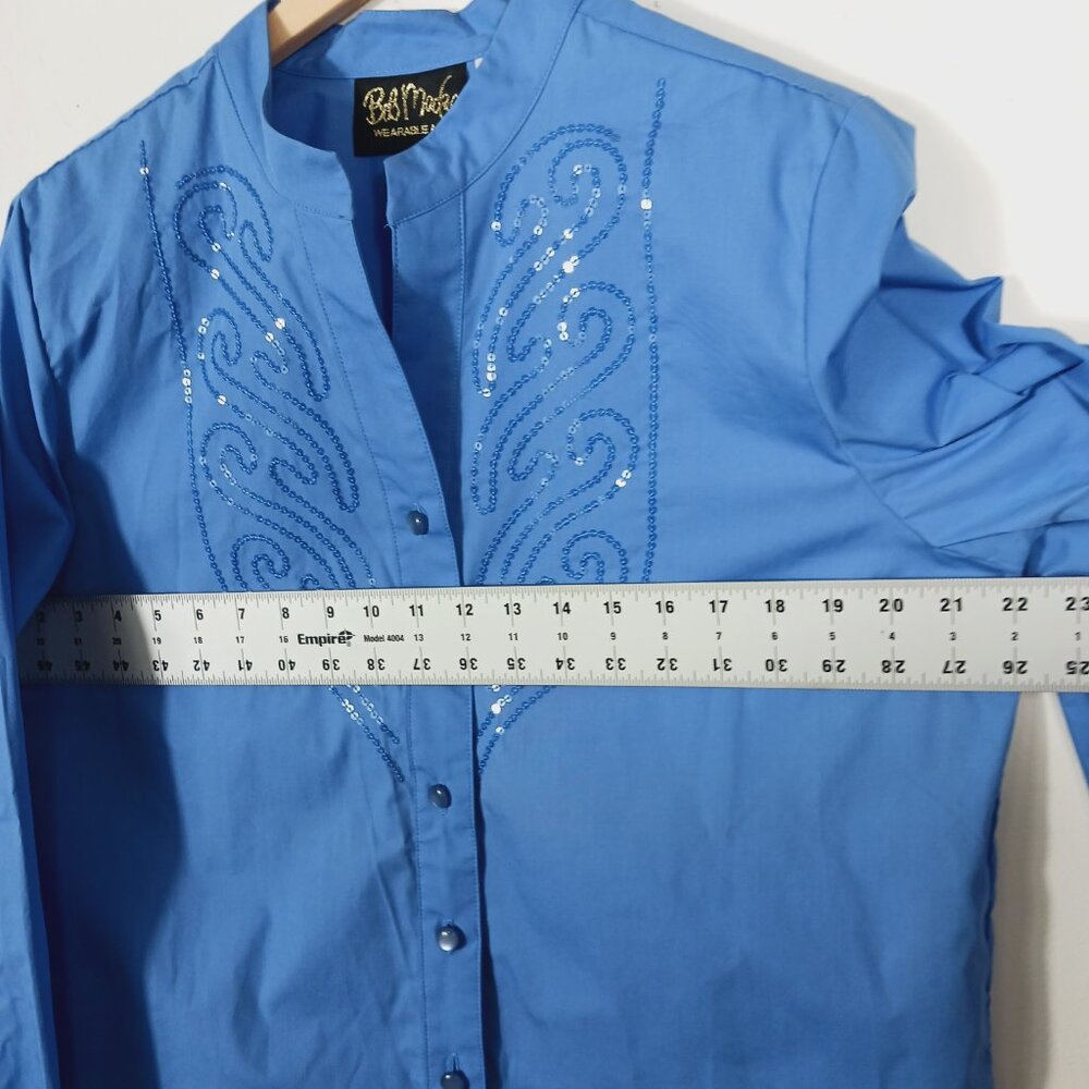 Bob Mackie NWT, Size Med., Blue, Button Down Shirt W/ Sequins & Mandarin Collar - Picture 12 of 16